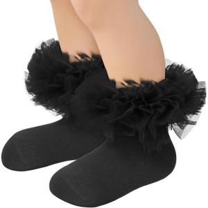 imageZando Ruffle Socks for Toddler Baby Girls Double Frilly Lace Dress Socks Kids Ankle Tutu SocksBlack