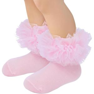 imageZando Ruffle Socks for Toddler Baby Girls Double Frilly Lace Dress Socks Kids Ankle Tutu SocksPink