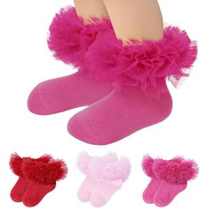 imageZando Ruffle Socks for Toddler Baby Girls Double Frilly Lace Dress Socks Kids Ankle Tutu SocksPinkRose RedRed