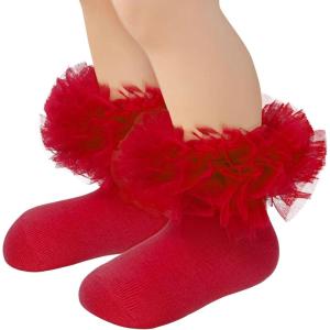imageZando Ruffle Socks for Toddler Baby Girls Double Frilly Lace Dress Socks Kids Ankle Tutu SocksRed