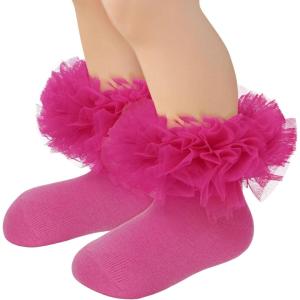 imageZando Ruffle Socks for Toddler Baby Girls Double Frilly Lace Dress Socks Kids Ankle Tutu SocksRose Red