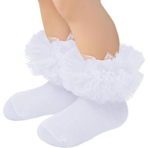 imageZando Ruffle Socks for Toddler Baby Girls Double Frilly Lace Dress Socks Kids Ankle Tutu SocksWhite