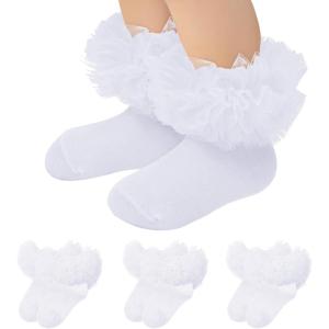imageZando Ruffle Socks for Toddler Baby Girls Double Frilly Lace Dress Socks Kids Ankle Tutu SocksWhite3