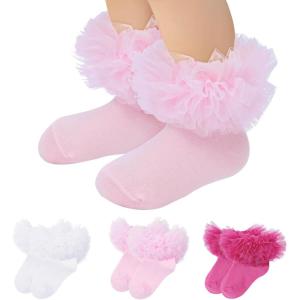 imageZando Ruffle Socks for Toddler Baby Girls Double Frilly Lace Dress Socks Kids Ankle Tutu SocksWhitePinkRed