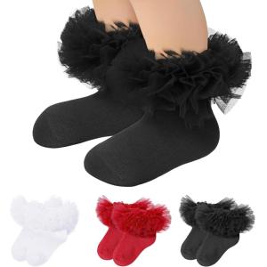 imageZando Ruffle Socks for Toddler Baby Girls Double Frilly Lace Dress Socks Kids Ankle Tutu SocksWhiteRedBlack