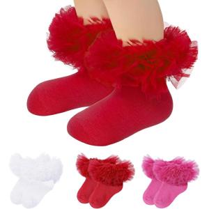 imageZando Ruffle Socks for Toddler Baby Girls Double Frilly Lace Dress Socks Kids Ankle Tutu SocksWhiteRose RedRed