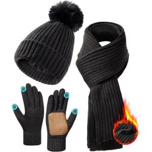 imageZando Winter Beanie Hat Scarf Gloves Set for Women Warm Fleece Lined Knit Beanie with Pom Pom Winter Accessories for WomenA Black