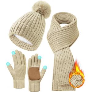 imageZando Winter Beanie Hat Scarf Gloves Set for Women Warm Fleece Lined Knit Beanie with Pom Pom Winter Accessories for WomenBeige