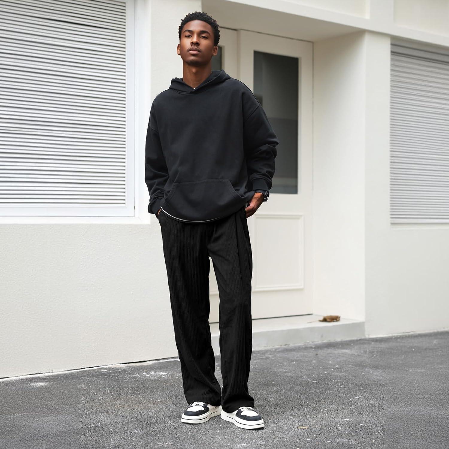 imageZando Mens Corduroy Pants Jogger Baggy Cargo Pants Vintage Wide Leg Pants Casual Pants with Pockets Y2K Streetwear PantBlack
