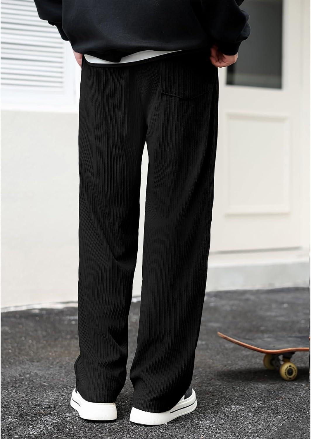 imageZando Mens Corduroy Pants Jogger Baggy Cargo Pants Vintage Wide Leg Pants Casual Pants with Pockets Y2K Streetwear PantBlack