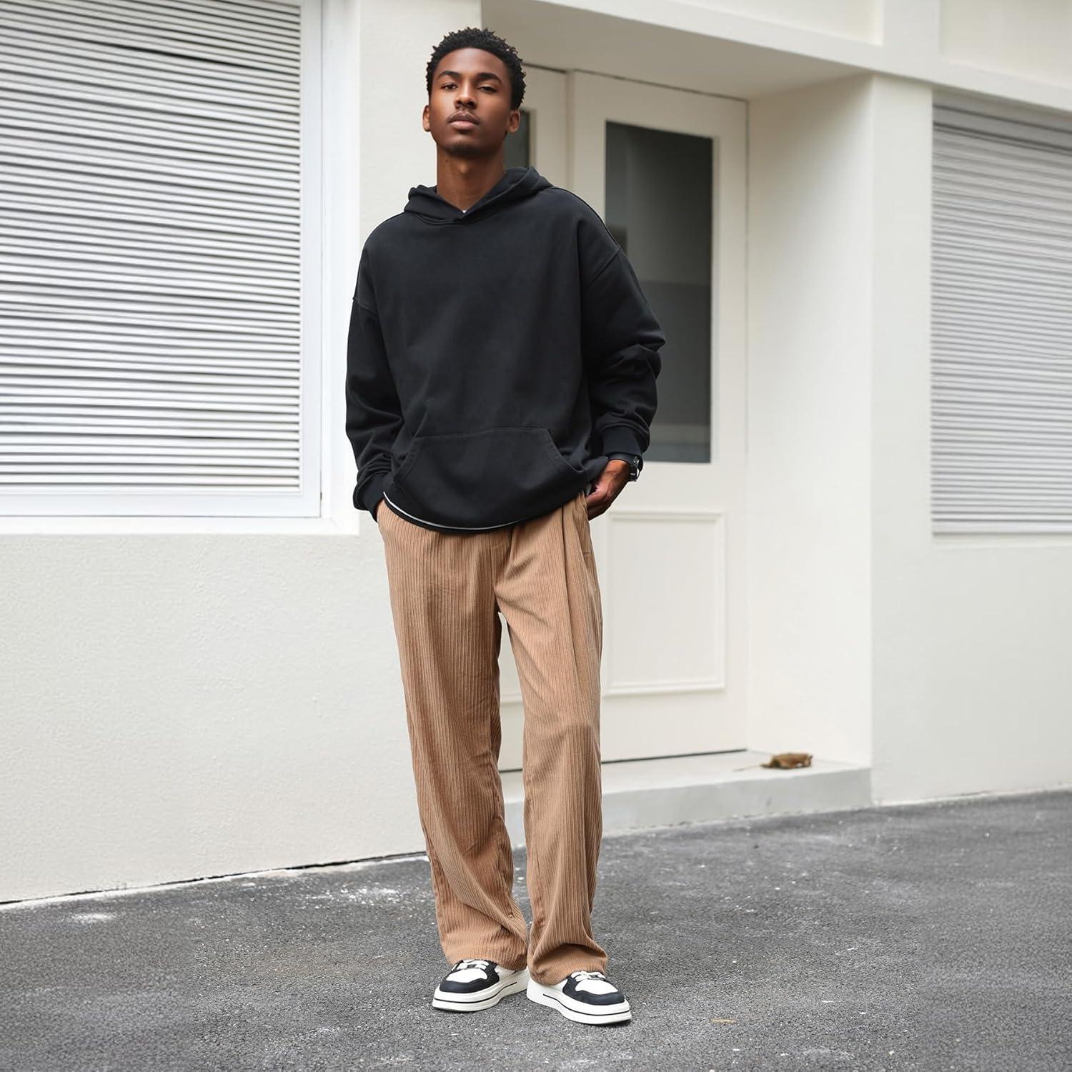 imageZando Mens Corduroy Pants Jogger Baggy Cargo Pants Vintage Wide Leg Pants Casual Pants with Pockets Y2K Streetwear PantKhaki