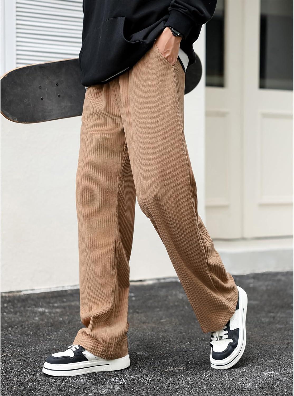 imageZando Mens Corduroy Pants Jogger Baggy Cargo Pants Vintage Wide Leg Pants Casual Pants with Pockets Y2K Streetwear PantKhaki