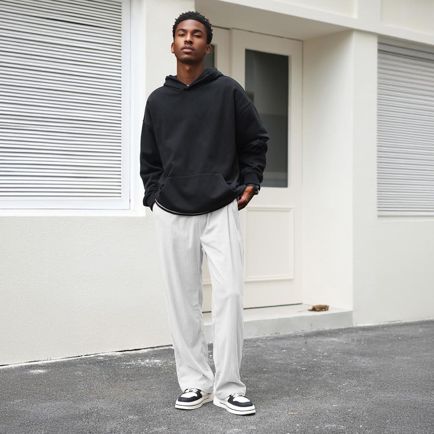 imageZando Mens Corduroy Pants Jogger Baggy Cargo Pants Vintage Wide Leg Pants Casual Pants with Pockets Y2K Streetwear PantWhite