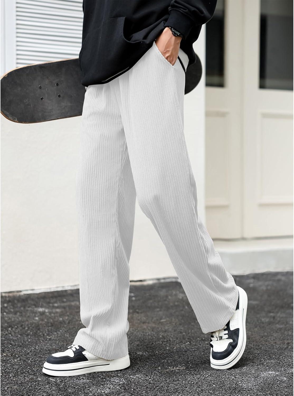 imageZando Mens Corduroy Pants Jogger Baggy Cargo Pants Vintage Wide Leg Pants Casual Pants with Pockets Y2K Streetwear PantWhite