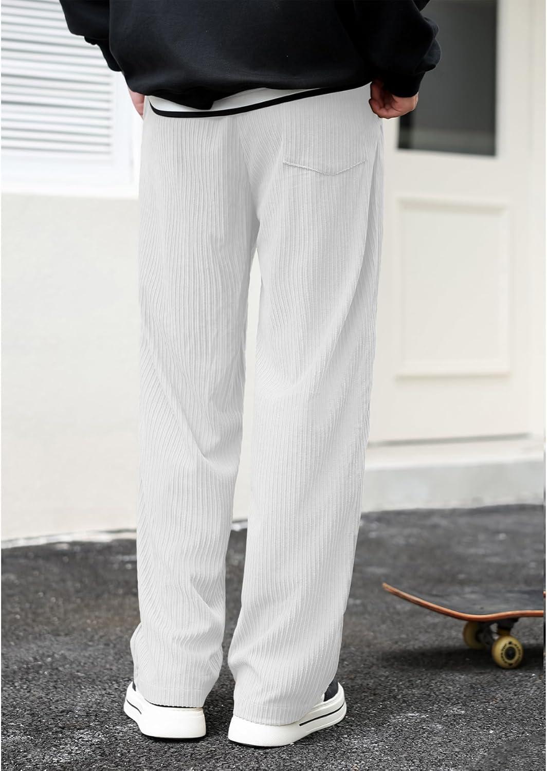 imageZando Mens Corduroy Pants Jogger Baggy Cargo Pants Vintage Wide Leg Pants Casual Pants with Pockets Y2K Streetwear PantWhite