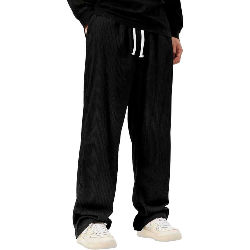 imageZando Mens Corduroy Pants Jogger Baggy Cargo Pants Vintage Wide Leg Pants Casual Pants with Pockets Y2K Streetwear PantBlack