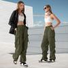 imageZando Baggy Cargo Parachute Pants Women High Waisted Wide Leg Waterproof Windbreaker Hiking Pants for WomenArmy Green