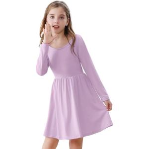 imageZando Girls Long Sleeve Dress for Girls Solid Color Aline Swing Dresses High Waist Fall Winter Dresses for Girls 412 YearsPurple