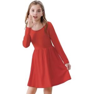 imageZando Girls Long Sleeve Dress for Girls Solid Color Aline Swing Dresses High Waist Fall Winter Dresses for Girls 412 YearsRed