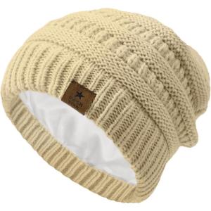 imageZando Toddler Satin Lined Winter Hat Knitted Baby Beanie Silk Lined Infant Toddler Beanie Cap Winter Warm Hats for Boys GirlsBeige
