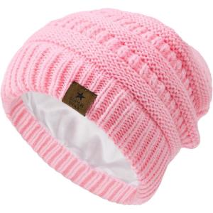 imageZando Toddler Satin Lined Winter Hat Knitted Baby Beanie Silk Lined Infant Toddler Beanie Cap Winter Warm Hats for Boys GirlsPink