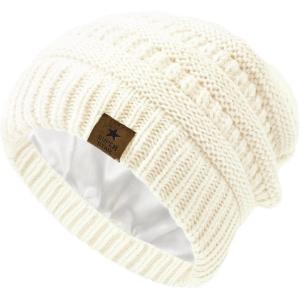 imageZando Toddler Satin Lined Winter Hat Knitted Baby Beanie Silk Lined Infant Toddler Beanie Cap Winter Warm Hats for Boys GirlsWhite