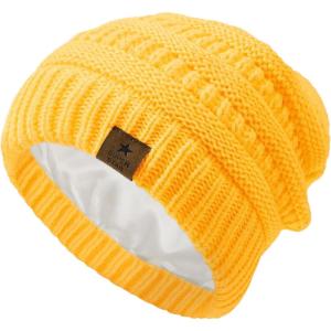 imageZando Toddler Satin Lined Winter Hat Knitted Baby Beanie Silk Lined Infant Toddler Beanie Cap Winter Warm Hats for Boys GirlsYellow
