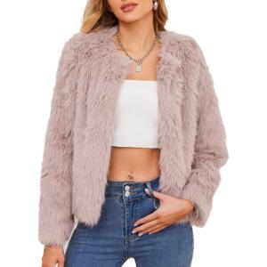imageZando Womens Fur Coat Long Sleeve Pockets Cropped Jacket Women Outwear Warm Winter Coats for Women Fleece Fur Jacket 2025Pink