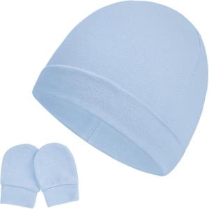 imageZando Baby Hats Newborn Hospital Hat Infant Beanie Cap for Premie Baby Boys Grils Hats and Scratch Mitten Set 03 MonthsLight Blue