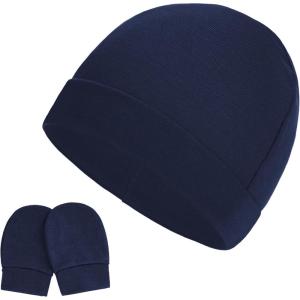imageZando Baby Hats Newborn Hospital Hat Infant Beanie Cap for Premie Baby Boys Grils Hats and Scratch Mitten Set 03 MonthsNavy Blue