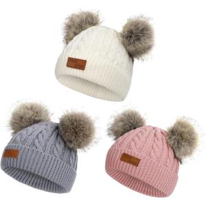 imageZando Baby Winter Hat Toddler Infant Beanies with Double Pom Pom Knitted Winter Hats for Baby Girl Boy Beanie 636 MonthsDark Pinkwhited Grey