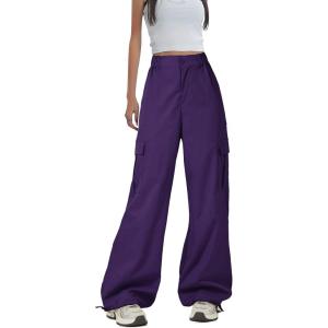 imageZando Cargo Pants Women Y2K Baggy Cargo Pants Parachute Pants Trendy Stretchy High Waist Wide Leg Trousers with PocketsPurple