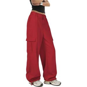 imageZando Cargo Pants Women Y2K Baggy Cargo Pants Parachute Pants Trendy Stretchy High Waist Wide Leg Trousers with PocketsRed