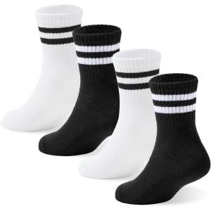 imageZando Girls Striped Athletic Socks Kids Soccer Crew Socks School Uniform Cotton Ankle Socks for ToddlerBlack2White2