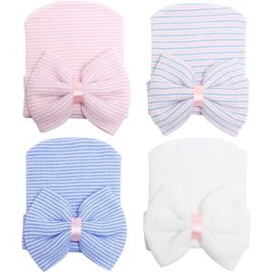 imageZando Newborn Hospital Hat Toddler Beanie Baby Boy Girl Knot Headbands with Big Bows Infant Baby Nursery CapsA White  Blue  Pink  Pink Blue White