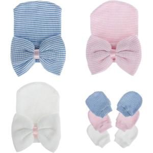 imageZando Newborn Hospital Hat Toddler Beanie Baby Boy Girl Knot Headbands with Big Bows Infant Baby Nursery CapsC 3 Set Hats and Mitten a