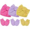 imageZando Baby Hats Newborn Girl Hat with Big Bow Cotton Baby Beanie Hat and Mitten Set Infant Baby Winter Hat for Girls Boys3pcs Yellow  Purple  Rose Red