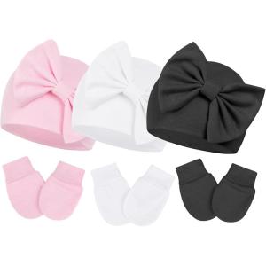 imageZando Baby Hats Newborn Girl Hat with Big Bow Cotton Baby Beanie Hat and Mitten Set Infant Baby Winter Hat for Girls Boys3pcs Black  White  Pink