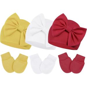 imageZando Baby Hats Newborn Girl Hat with Big Bow Cotton Baby Beanie Hat and Mitten Set Infant Baby Winter Hat for Girls Boys3pcs Bright Red  White  Yellow