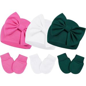 imageZando Baby Hats Newborn Girl Hat with Big Bow Cotton Baby Beanie Hat and Mitten Set Infant Baby Winter Hat for Girls Boys3pcs Rose Red  White  Dark Green