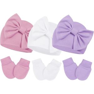 imageZando Baby Hats Newborn Girl Hat with Big Bow Cotton Baby Beanie Hat and Mitten Set Infant Baby Winter Hat for Girls Boys3pcs White  Dark Pink  Purple