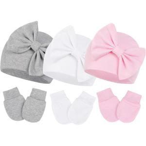 imageZando Baby Hats Newborn Girl Hat with Big Bow Cotton Baby Beanie Hat and Mitten Set Infant Baby Winter Hat for Girls Boys3pcs White  Pink  Grey