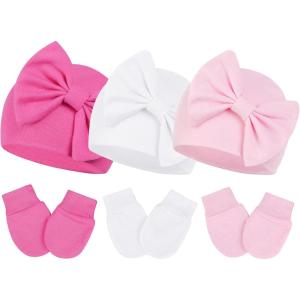 imageZando Baby Hats Newborn Girl Hat with Big Bow Cotton Baby Beanie Hat and Mitten Set Infant Baby Winter Hat for Girls Boys3pcs White  Pink  Rose Red