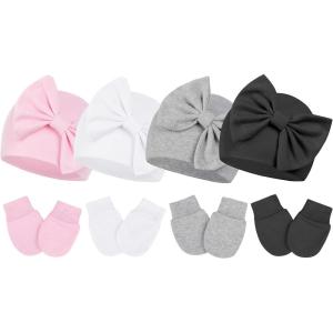 imageZando Baby Hats Newborn Girl Hat with Big Bow Cotton Baby Beanie Hat and Mitten Set Infant Baby Winter Hat for Girls Boys4pcs White  Pink  Grey  Black