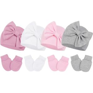 imageZando Baby Hats Newborn Girl Hat with Big Bow Cotton Baby Beanie Hat and Mitten Set Infant Baby Winter Hat for Girls Boys4pcs White  Pink  Grey  Dark Pink
