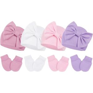imageZando Baby Hats Newborn Girl Hat with Big Bow Cotton Baby Beanie Hat and Mitten Set Infant Baby Winter Hat for Girls Boys4pcs White  Pink  Purple  Dark Pink