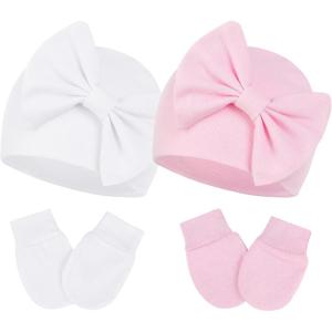 imageZando Baby Hats Newborn Girl Hat with Big Bow Cotton Baby Beanie Hat and Mitten Set Infant Baby Winter Hat for Girls BoysM 2 Pack 1