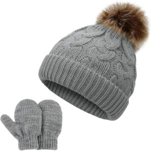 imageZando Baby Newborn Hats Knit Soft Infant Kids Winter Hat Pom Pom Warm Christmas Beanie Hat and Mitten Set for Boys GirlsB Grey