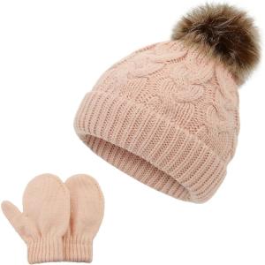 imageZando Baby Newborn Hats Knit Soft Infant Kids Winter Hat Pom Pom Warm Christmas Beanie Hat and Mitten Set for Boys GirlsB Pink