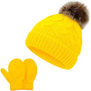 imageZando Baby Newborn Hats Knit Soft Infant Kids Winter Hat Pom Pom Warm Christmas Beanie Hat and Mitten Set for Boys GirlsB0 Yellow